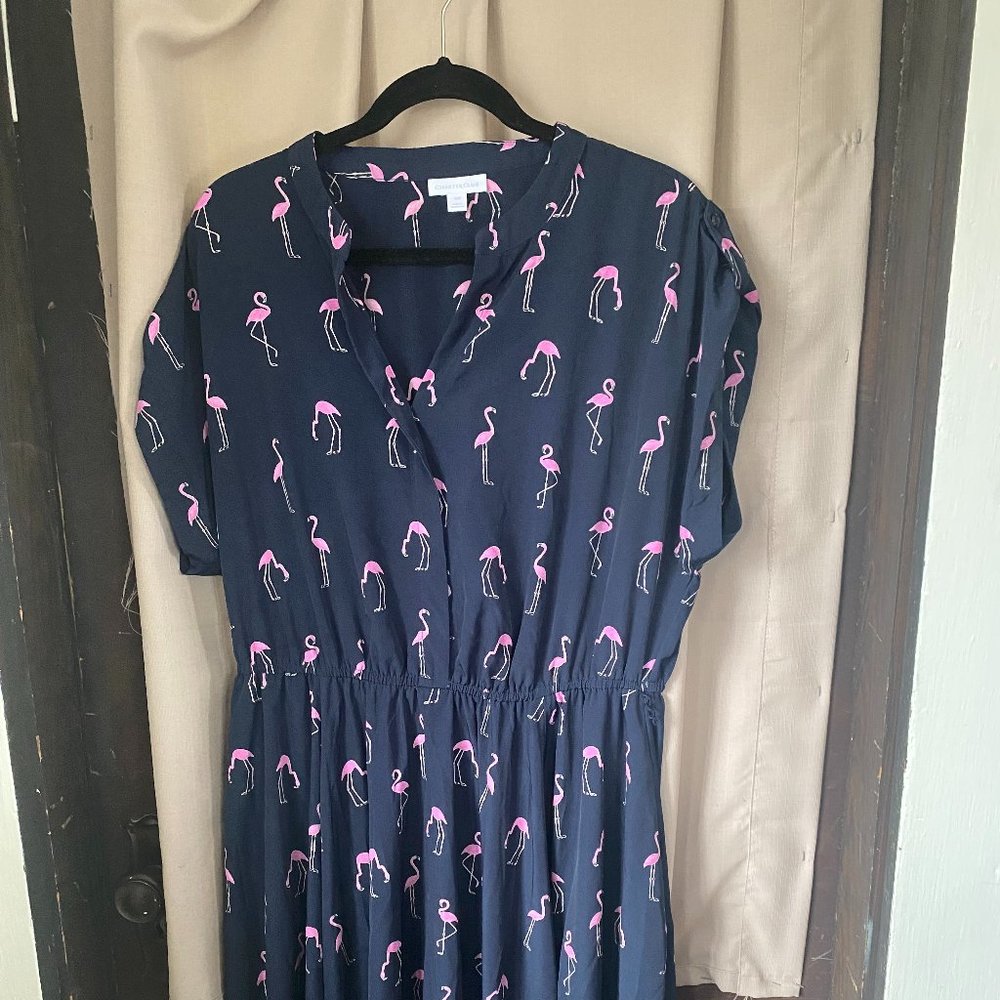 Flamingo Navy Pink Fit and Flare Short Sleeve Dress Size 16W | Charter Club